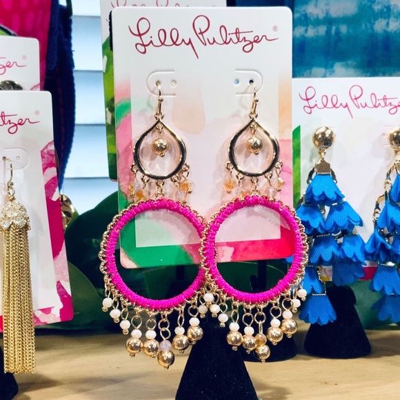 LILLY PULITZER NWT EARRINGS BEACHCOMBER Gypsy Boho HOT PINK ⭐️DANGLING  /Pierced - Picture 11 of 16